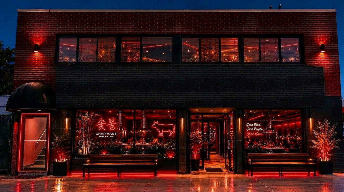 Char Haus Korean BBQ exterior at night with glowing red signage