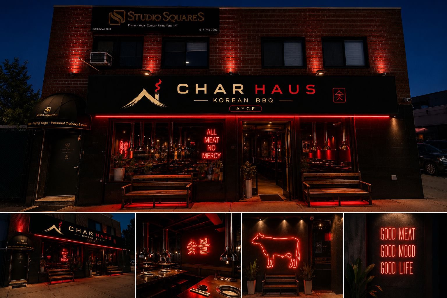 Char Haus restaurant gallery showing exterior and glowing interior scenes